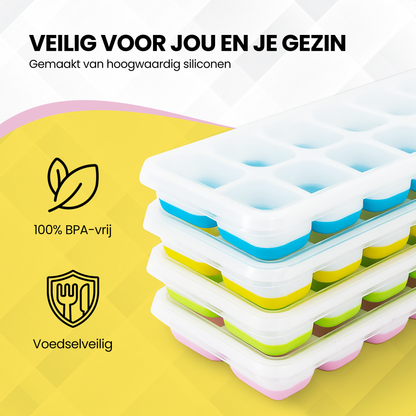 TTD® Siliconen IJsblokjesvorm met Deksel - Set van 4 - 14 x 4 IJsblokjes - Stapelbaar - BPA Vrij - IJsblokjes Zijn Makkelijk uit te Drukken