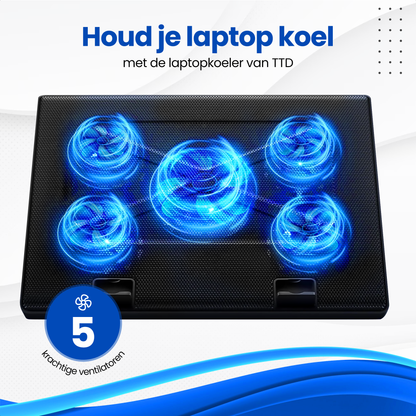 TTD® Premium Laptop Cooler en Verstelbare Laptop Verhoger - Laptop Standaard Verstelbaar - Laptop Steun - Rotatiesnelheden tot boven de 2100 RPM - Gaming Laptop Cooling Pad - Tot 17 Inch - Extra USB-poort - Zwart