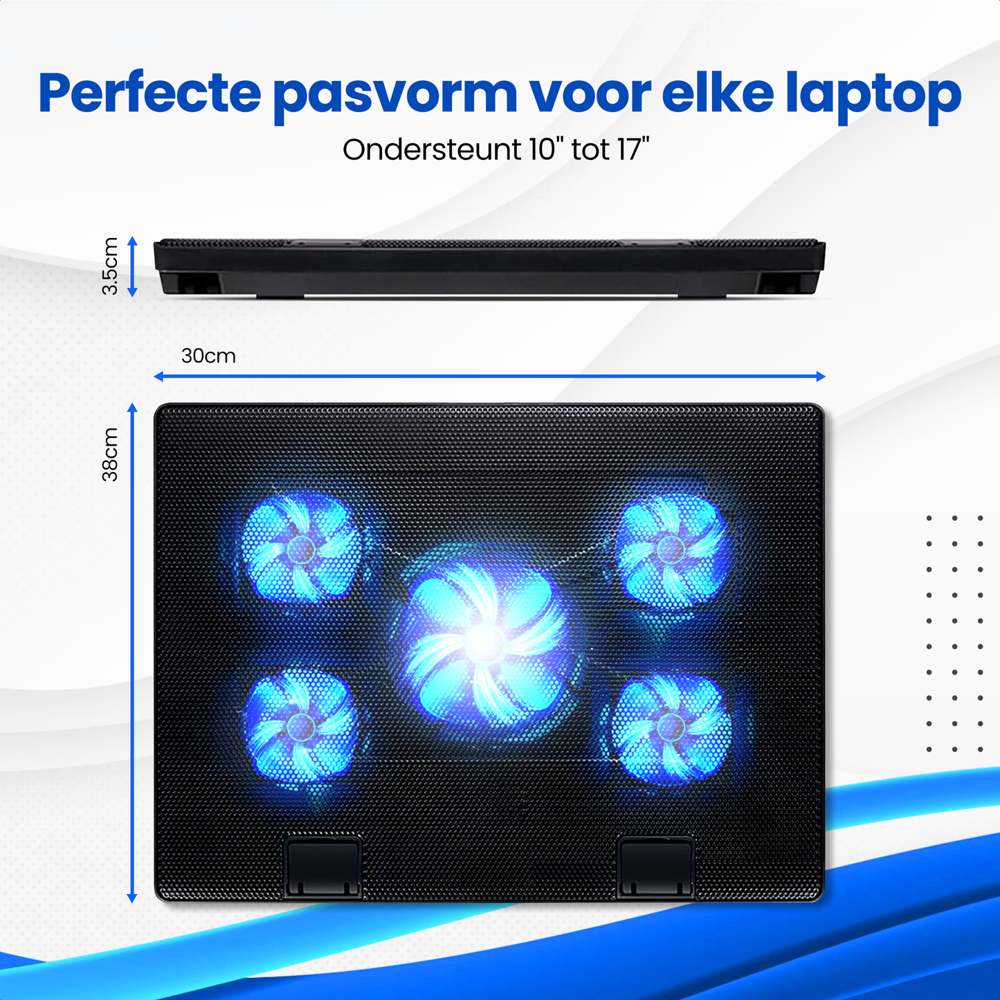 TTD® Premium Laptop Cooler en Verstelbare Laptop Verhoger - Laptop Standaard Verstelbaar - Laptop Steun - Rotatiesnelheden tot boven de 2100 RPM - Gaming Laptop Cooling Pad - Tot 17 Inch - Extra USB-poort - Zwart