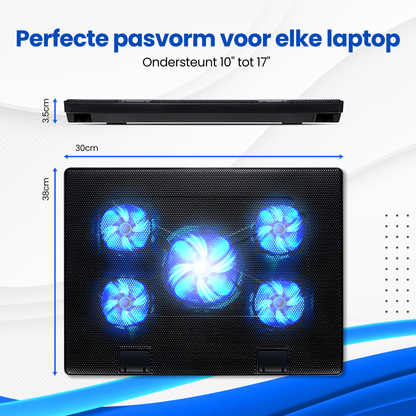 TTD® Premium Laptop Cooler en Verstelbare Laptop Verhoger - Laptop Standaard Verstelbaar - Laptop Steun - Rotatiesnelheden tot boven de 2100 RPM - Gaming Laptop Cooling Pad - Tot 17 Inch - Extra USB-poort - Zwart
