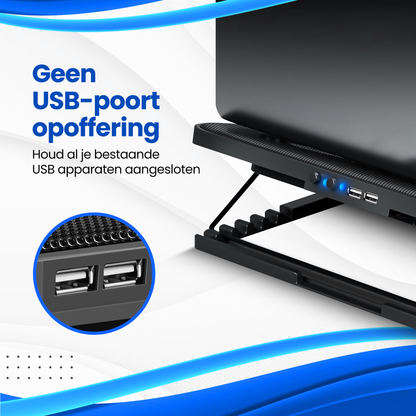 TTD® Premium Laptop Cooler en Verstelbare Laptop Verhoger - Laptop Standaard Verstelbaar - Laptop Steun - Rotatiesnelheden tot boven de 2100 RPM - Gaming Laptop Cooling Pad - Tot 17 Inch - Extra USB-poort - Zwart