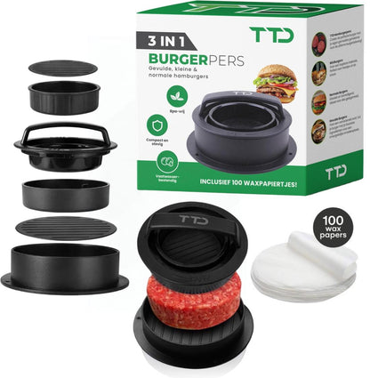 TTD® Hamburgerpers en Hamburgermaker - Smash Burger - Grillgroeven - BBQ Accesoires - Burgerpers - Barbecue Accessoires - Burger Press - Ook voor Miniburgers en Gevulde Burgers - Vaatwasserbestendig - BPA Vrij - Inclusief 100 Waxpapiertjes - Zwart