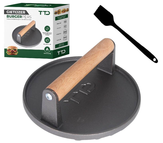 TTD® Hamburgerpers Gietijzer XL - Hamburgermaker Extra Zwaar - Hittebestendig - Strakke Grillgroeven - BBQ Accesoires - Barbecue Accessoires - Smash Burger - BBQ Gereedschap - Met oliekwast