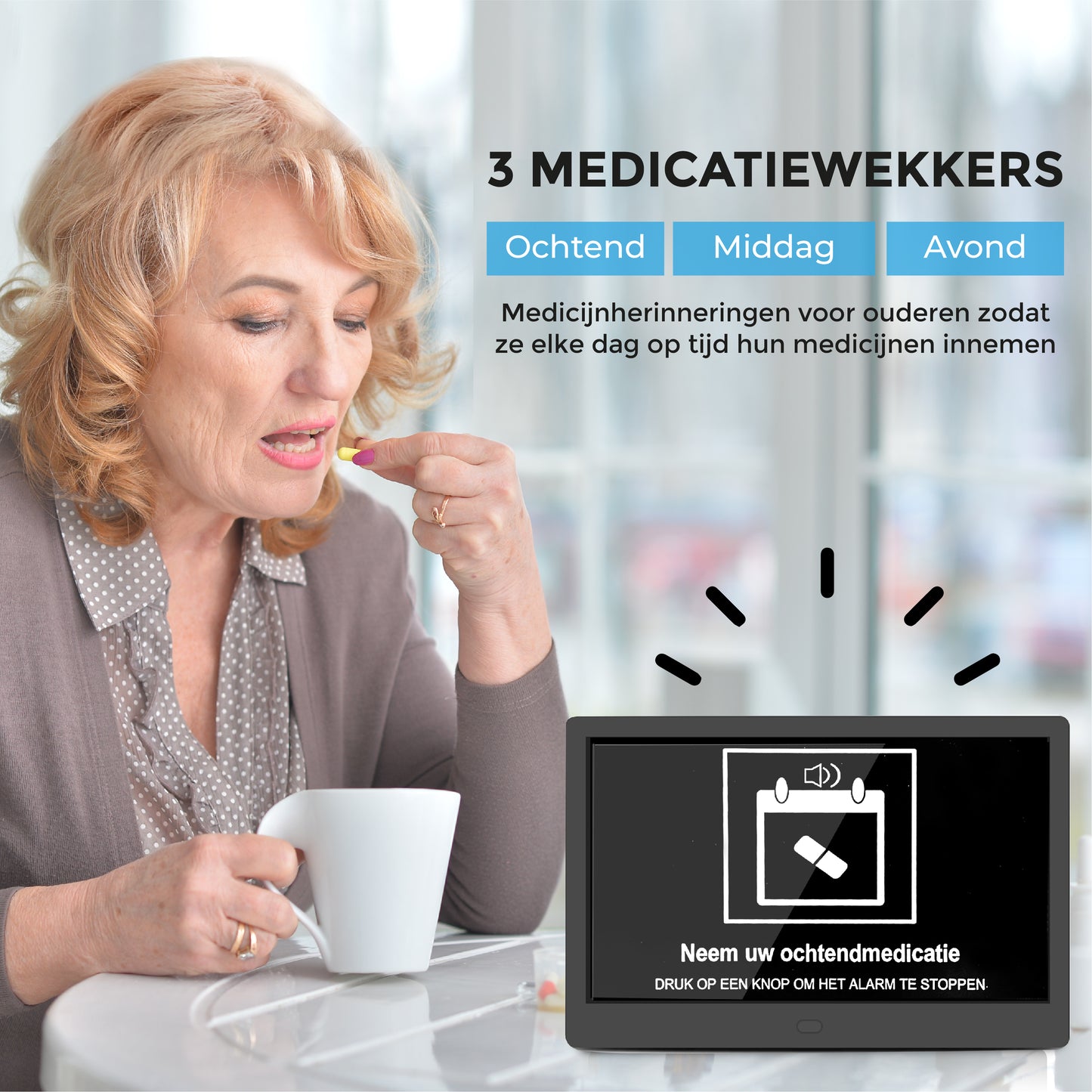 TTD® Dementieklok XXL 10 Inch met Extra Lange Kabel – Kalenderklok met Dag, Datum & Weer – Analoge & Digitale Weergaves – 20 Wekkers en 3 Medicijnalarmen - Wi-Fi – Voor Ouderen, Slechtzienden, Senioren en Alzheimer – Automatische Tijdsynchronisatie