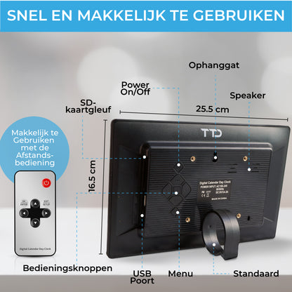 TTD® Dementieklok XXL 10 Inch met Extra Lange Kabel – Kalenderklok met Dag, Datum & Weer – Analoge & Digitale Weergaves – 20 Wekkers en 3 Medicijnalarmen - Wi-Fi – Voor Ouderen, Slechtzienden, Senioren en Alzheimer – Automatische Tijdsynchronisatie