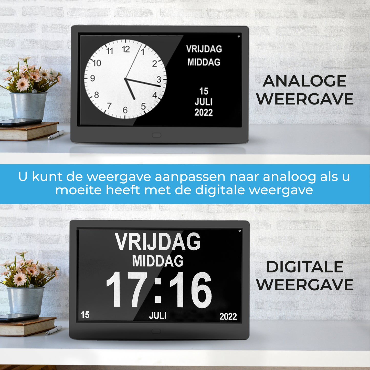 TTD® Dementieklok XXL 10 Inch met Extra Lange Kabel – Kalenderklok met Dag, Datum & Weer – Analoge & Digitale Weergaves – 20 Wekkers en 3 Medicijnalarmen - Wi-Fi – Voor Ouderen, Slechtzienden, Senioren en Alzheimer – Automatische Tijdsynchronisatie