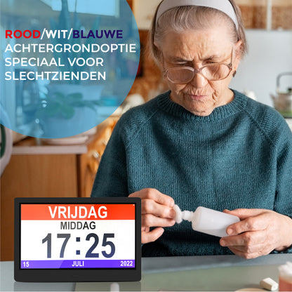 TTD® Dementieklok XXL 10 Inch met Extra Lange Kabel – Kalenderklok met Dag, Datum & Weer – Analoge & Digitale Weergaves – 20 Wekkers en 3 Medicijnalarmen - Wi-Fi – Voor Ouderen, Slechtzienden, Senioren en Alzheimer – Automatische Tijdsynchronisatie