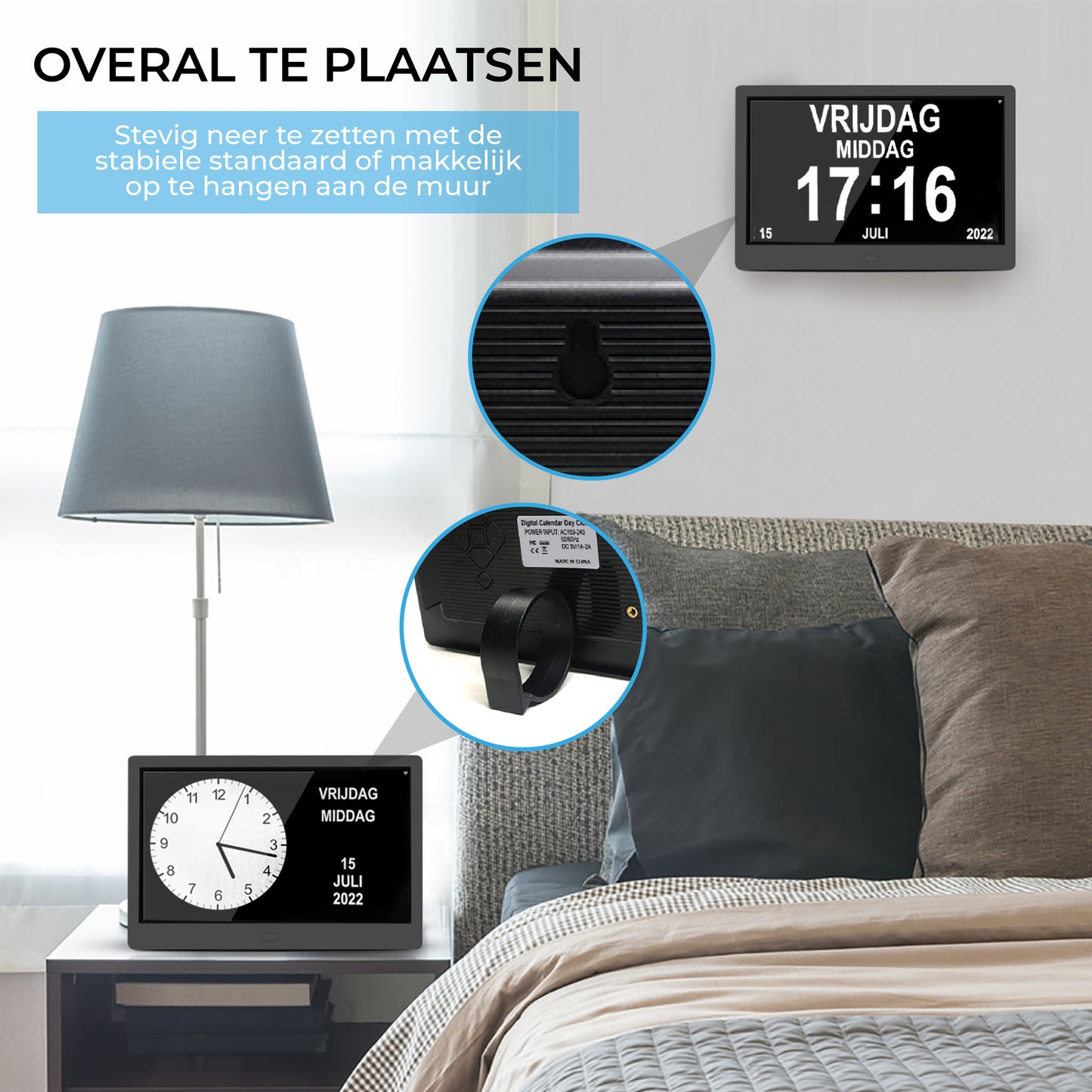 TTD® Dementieklok XXL 10 Inch met Extra Lange Kabel – Kalenderklok met Dag, Datum & Weer – Analoge & Digitale Weergaves – 20 Wekkers en 3 Medicijnalarmen - Wi-Fi – Voor Ouderen, Slechtzienden, Senioren en Alzheimer – Automatische Tijdsynchronisatie