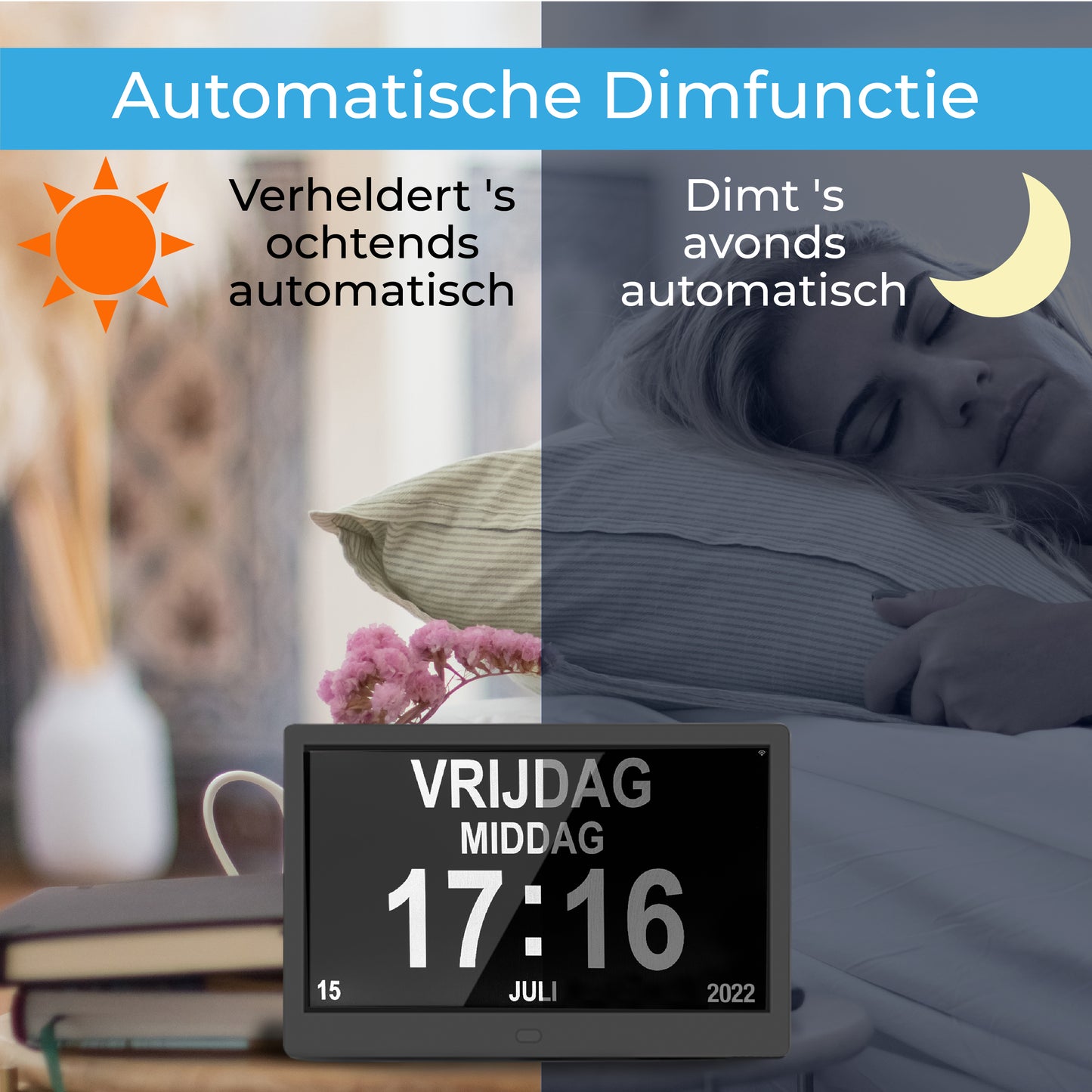 TTD® Dementieklok XXL 10 Inch met Extra Lange Kabel – Kalenderklok met Dag, Datum & Weer – Analoge & Digitale Weergaves – 20 Wekkers en 3 Medicijnalarmen - Wi-Fi – Voor Ouderen, Slechtzienden, Senioren en Alzheimer – Automatische Tijdsynchronisatie