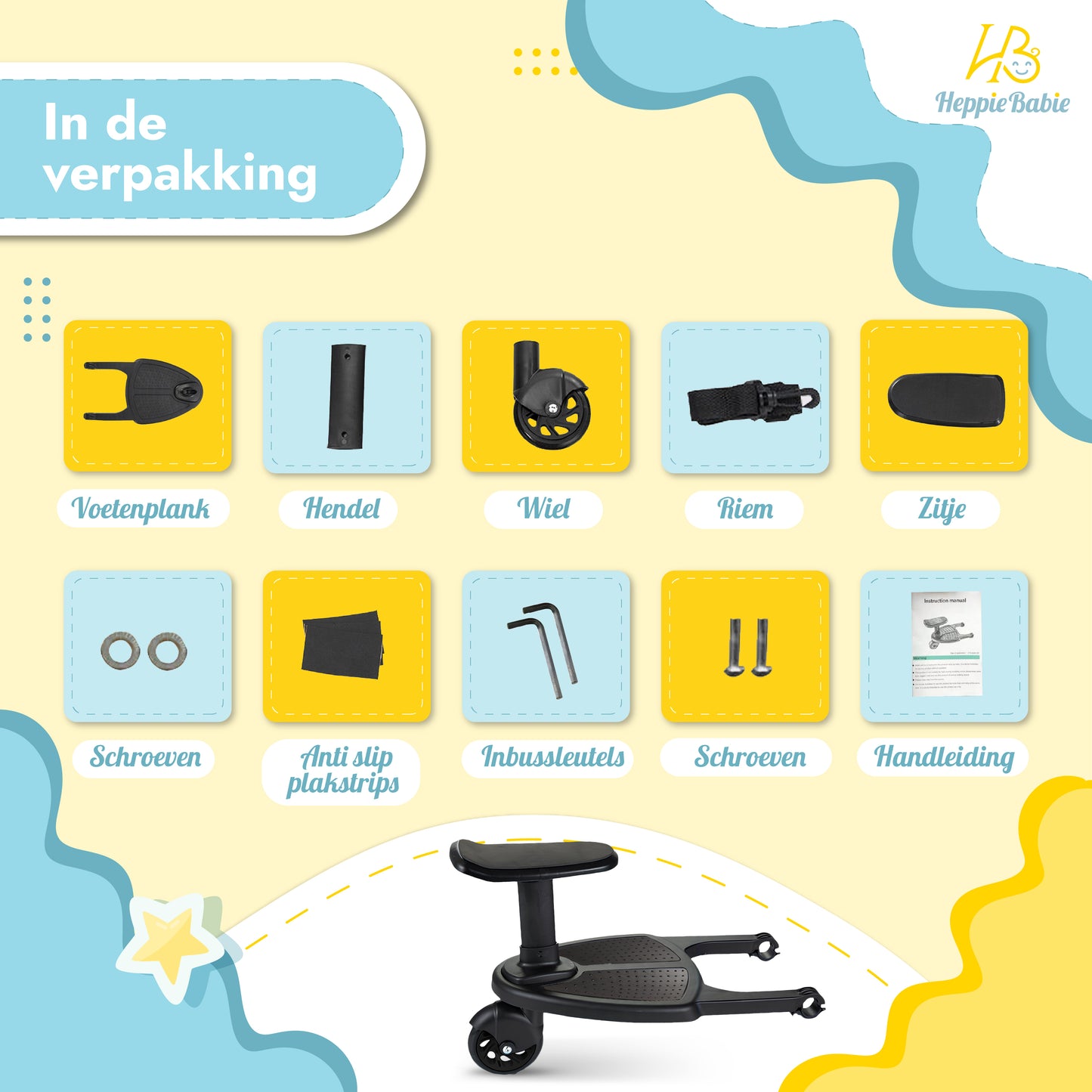 HeppieBabie Meerijdplankje - Met Zitje en Bekerhouder - Let Op Afmetingen! - Voor Kinderwagen of Buggy - Buggy Board