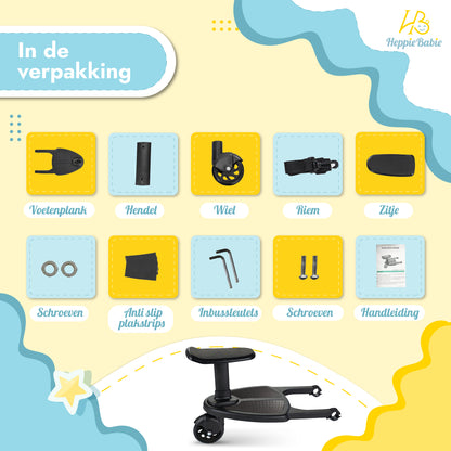 HeppieBabie Meerijdplankje - Met Zitje en Bekerhouder - Let Op Afmetingen! - Voor Kinderwagen of Buggy - Buggy Board