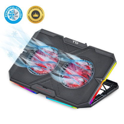 TTD® Premium Laptop Cooler en Verstelbare Laptop Verhoger - Laptop Standaard Verstelbaar - Laptop Steun - Rotatiesnelheden tot boven de 2400 RPM - Gaming Laptop Cooling Pad - Tot 17 Inch - Extra USB-poort - Zwart