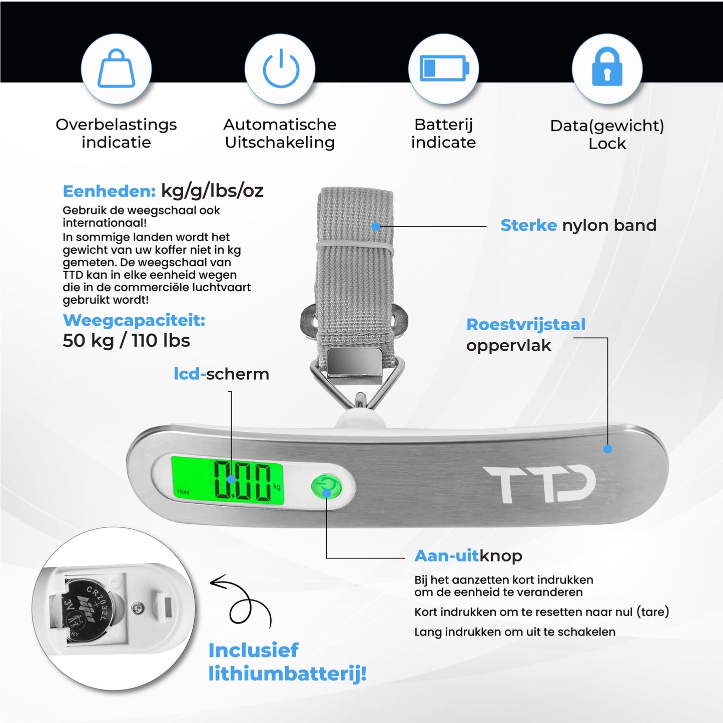 TTD® Kofferweegschaal met Verlicht Scherm en Travel Bag - Weegcapaciteit 50 kg - Bagageweegschaal - Bagageweger - Hangweegschaal - Digital Luggage Scale - Kofferweger - Reizen met Vliegtuig - kg/g/lbs/oz - Inclusief Batterijen - Wit