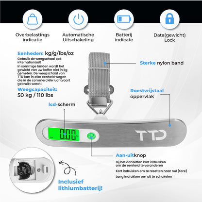 TTD® Kofferweegschaal met Verlicht Scherm en Travel Bag - Weegcapaciteit 50 kg - Bagageweegschaal - Bagageweger - Hangweegschaal - Digital Luggage Scale - Kofferweger - Reizen met Vliegtuig - kg/g/lbs/oz - Inclusief Batterijen - Wit