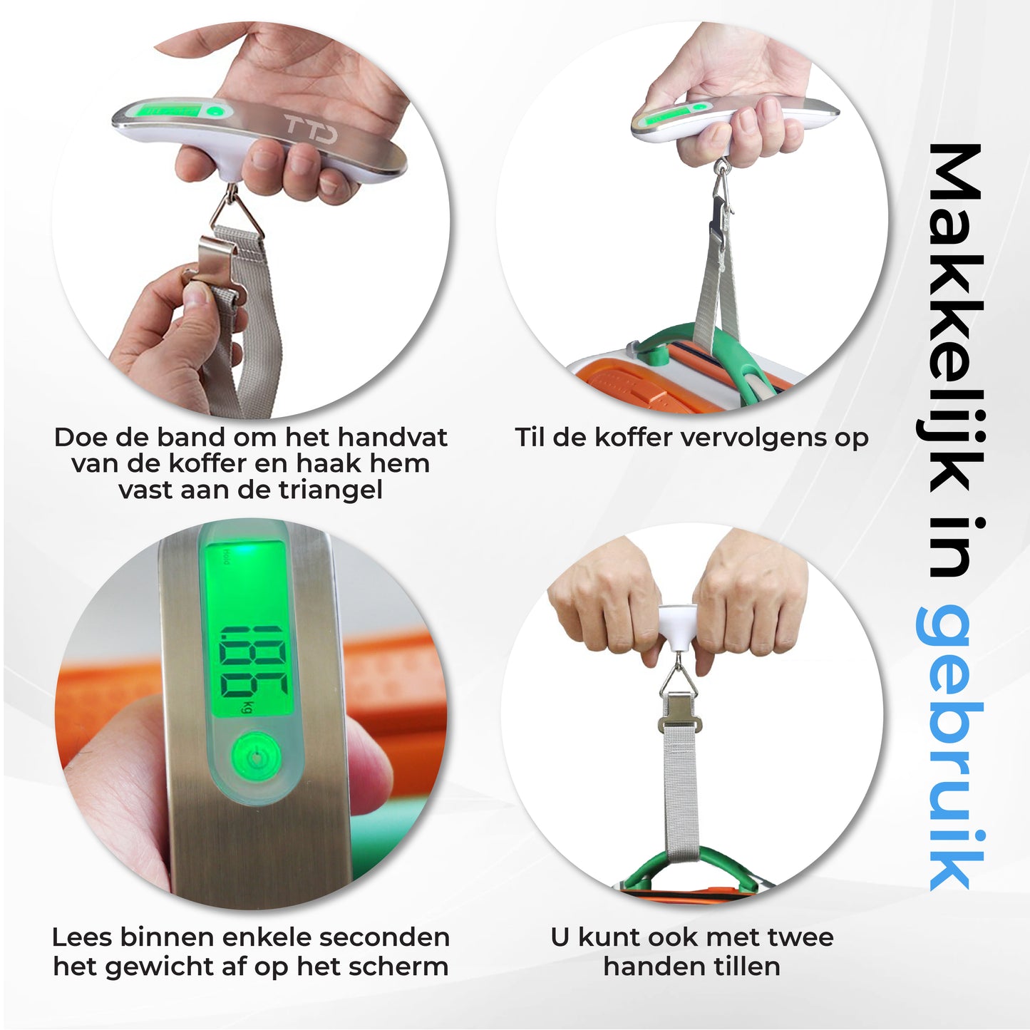 TTD® Kofferweegschaal met Verlicht Scherm en Travel Bag - Weegcapaciteit 50 kg - Bagageweegschaal - Bagageweger - Hangweegschaal - Digital Luggage Scale - Kofferweger - Reizen met Vliegtuig - kg/g/lbs/oz - Inclusief Batterijen - Wit