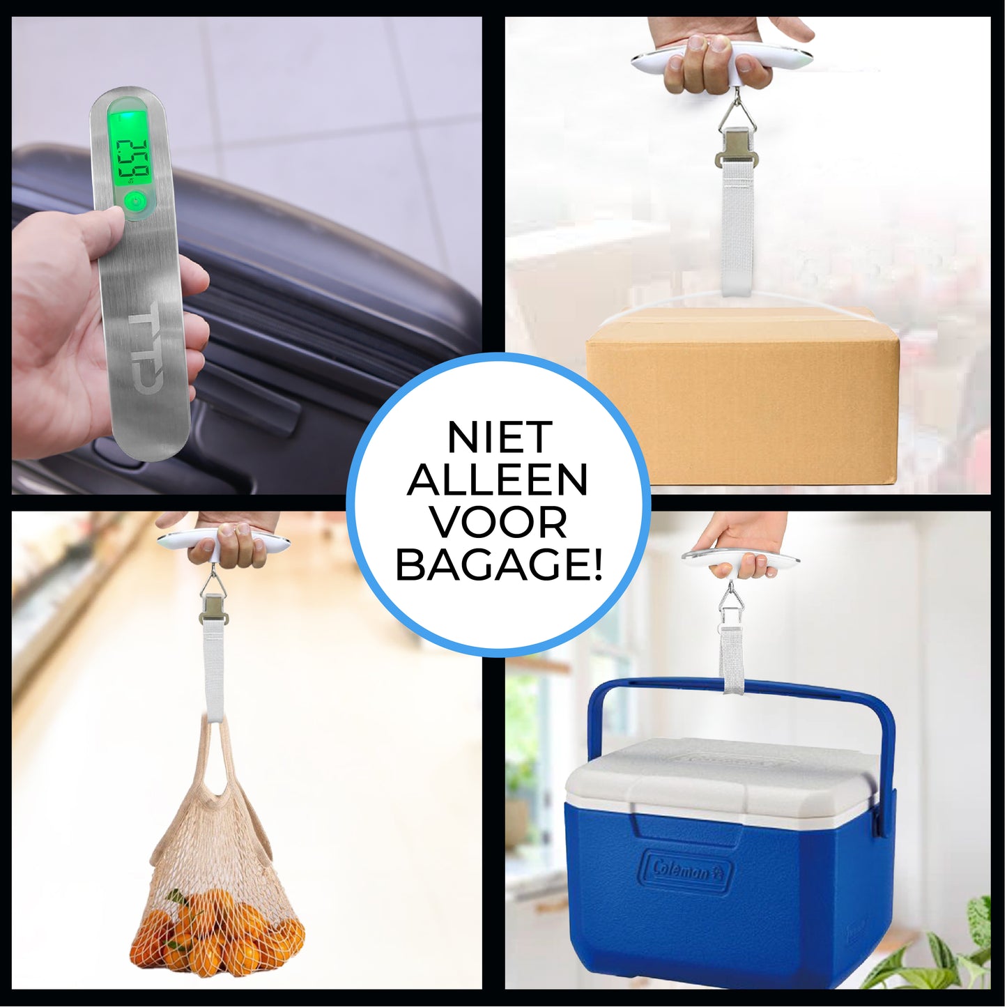 TTD® Kofferweegschaal met Verlicht Scherm en Travel Bag - Weegcapaciteit 50 kg - Bagageweegschaal - Bagageweger - Hangweegschaal - Digital Luggage Scale - Kofferweger - Reizen met Vliegtuig - kg/g/lbs/oz - Inclusief Batterijen - Wit