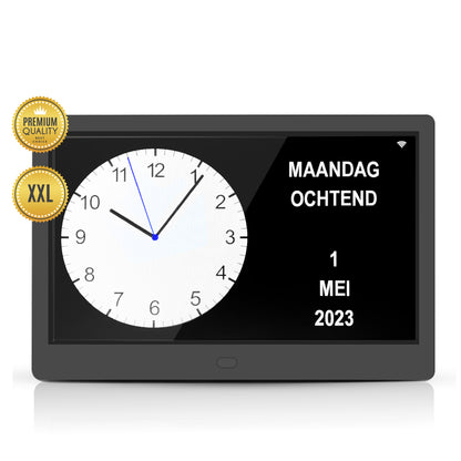 TTD® Dementieklok XXL 10 Inch met Extra Lange Kabel – Kalenderklok met Dag, Datum & Weer – Analoge & Digitale Weergaves – 20 Wekkers en 3 Medicijnalarmen - Wi-Fi – Voor Ouderen, Slechtzienden, Senioren en Alzheimer – Automatische Tijdsynchronisatie