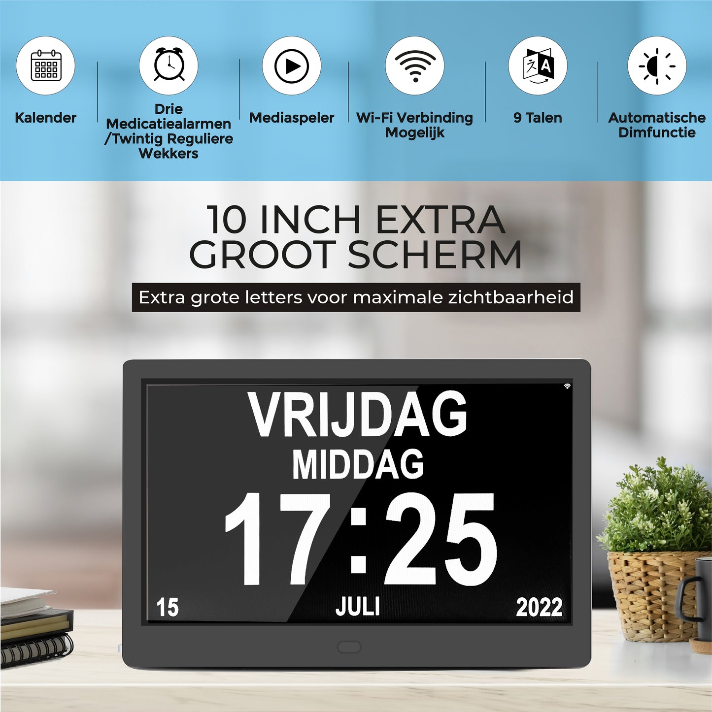 TTD® Dementieklok XXL 10 Inch met Extra Lange Kabel – Kalenderklok met Dag, Datum & Weer – Analoge & Digitale Weergaves – 20 Wekkers en 3 Medicijnalarmen - Wi-Fi – Voor Ouderen, Slechtzienden, Senioren en Alzheimer – Automatische Tijdsynchronisatie