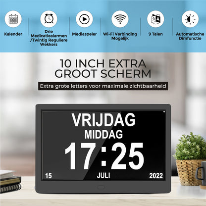 TTD® Dementieklok XXL 10 Inch met Extra Lange Kabel – Kalenderklok met Dag, Datum & Weer – Analoge & Digitale Weergaves – 20 Wekkers en 3 Medicijnalarmen - Wi-Fi – Voor Ouderen, Slechtzienden, Senioren en Alzheimer – Automatische Tijdsynchronisatie