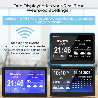 TTD® Dementieklok XXL 10 Inch met Extra Lange Kabel – Kalenderklok met Dag, Datum & Weer – Analoge & Digitale Weergaves – 20 Wekkers en 3 Medicijnalarmen - Wi-Fi – Voor Ouderen, Slechtzienden, Senioren en Alzheimer – Automatische Tijdsynchronisatie